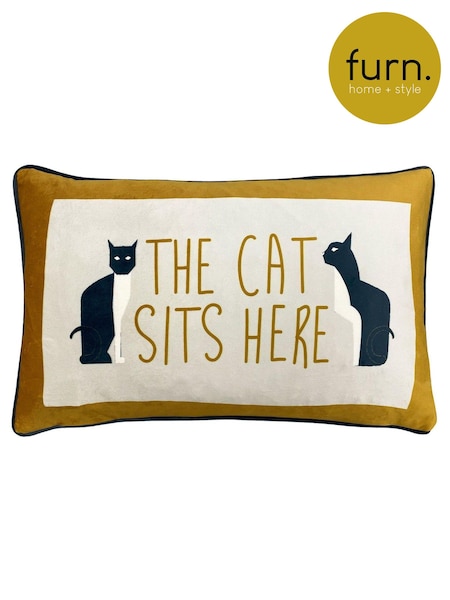 furn. Ochre Yellow Kitta Sits Here Printed Velvet Cushion (C32079) | €27
