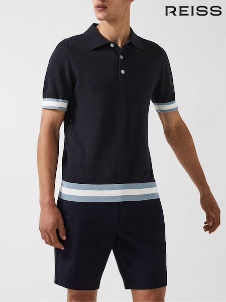 Reiss Navy Quinn - Che Che Half Button Contrast-Sleeve Polo T-Shirt (C32116) | 698 QAR