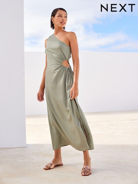 Sage Green One Shoulder Cut Out Midi Dress (C32266) | €25