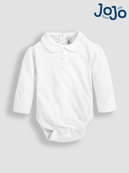 JoJo Maman Bébé White Plain Long Sleeve Peter Pan Bodysuit (C32429) | CA$40
