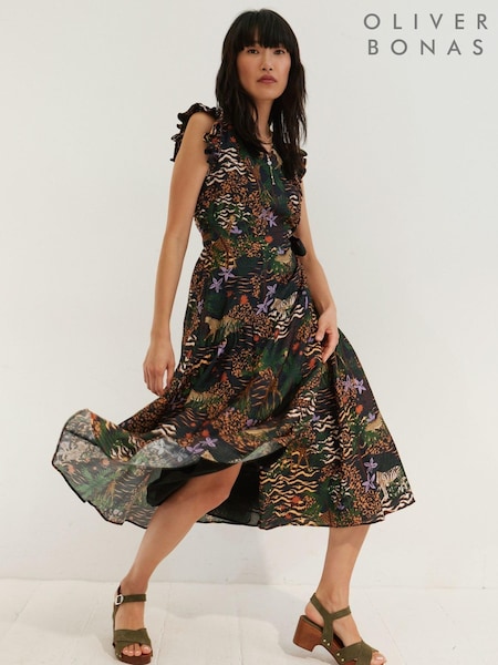 Oliver Bonas Safari Frill Sleeve Wrap Black Midi Dress (C32601) | €54