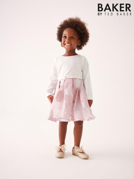Baker by Ted Baker Pink Long Sleeve Jacquard Bow Dress (C32668) | €12 - €13