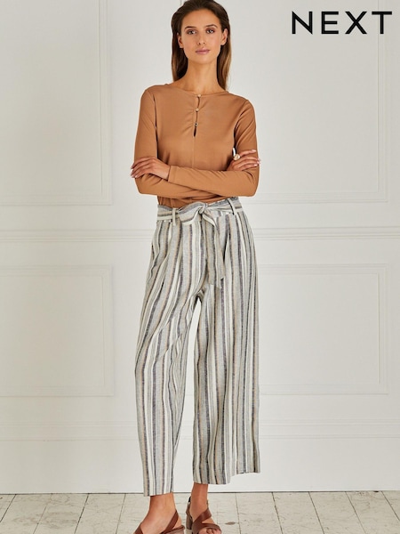 White/Blue Stripe Linen Blend Tie Waist Crop Trousers (C32759) | €15