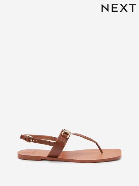 Tan Brown Regular/Wide Fit Leather Toe Post Flat Sandals with Metal Detail (C32865) | € 8