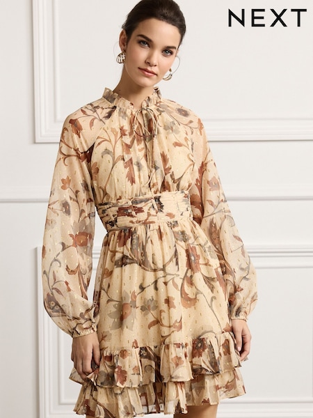 Ecru - Floral Print Long Sleeve Mini Dress (C33663) | 172 zł