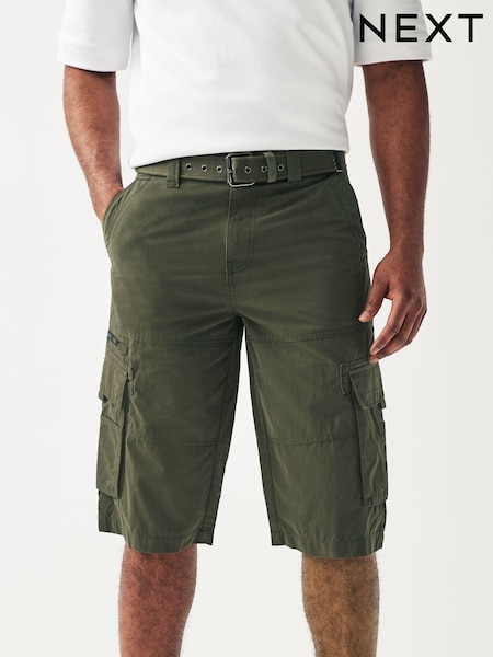 Khaki Vihreä - Long Length Belted Cargo Shorts (C34074) | €48