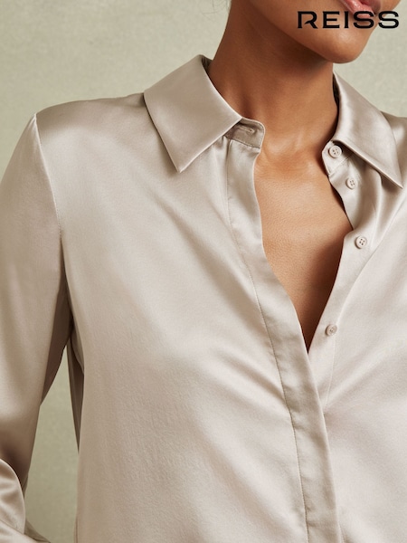 Reiss Champagne Hailey Petite Silk Double-Cuff Button-Through Shirt (C34115) | SGD 546