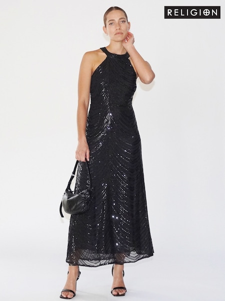 Negru - Rochie maxi cu Paietă și mărgele după gât Religion (C34619) | 429 LEI