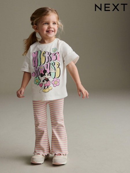 كريمي/وردي مخطط - Disney Mickey Mouse T-Shirt and Flare Leggings Set (3mths-7yrs) (C34857) | ‏74 ر.ق. - ‏89 ر.ق.