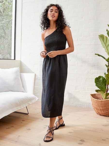 Черный - 100% Linen One Shoulder Midi Summer Dress (C34945) | €14