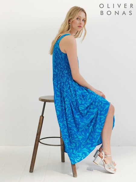 Oliver Bonas Blue Texture Print Strappy Midi Dress (C35267) | €65