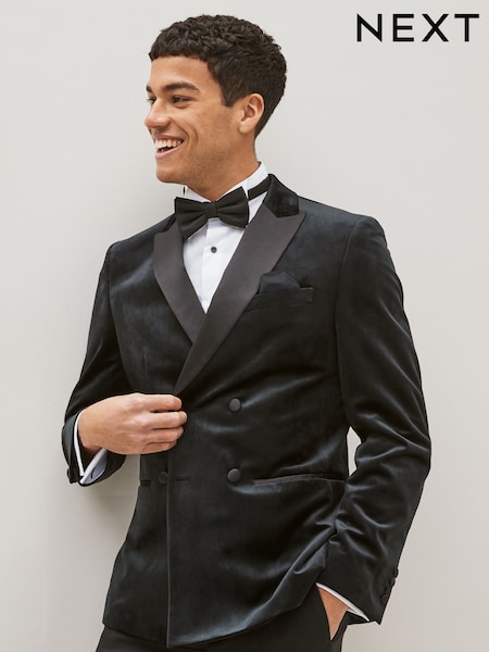 Black Double Breasted Slim Fit Velvet Blazer (C35378) | INR 9,641