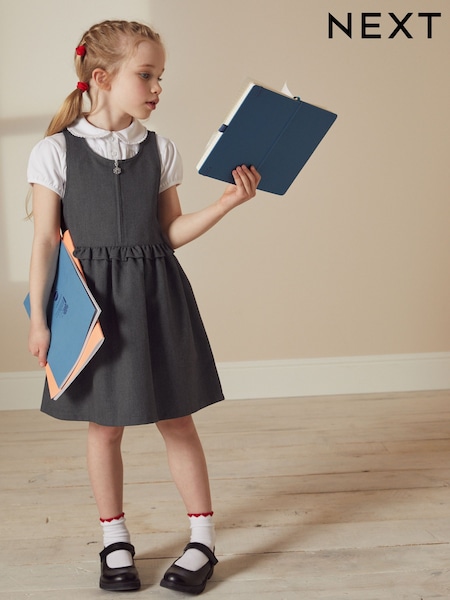 رمادي - Zip Front Frill Waist School Pinafore (3-14yrs) (C35479) | ‏5 ر.ع.‏ - ‏7 ر.ع.‏