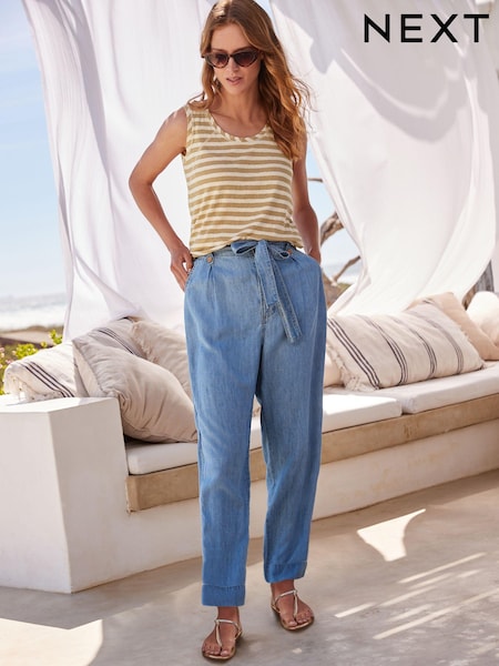 Blue TENCEL™/Linen Blend Belted Taper Trousers (C35641) | €8