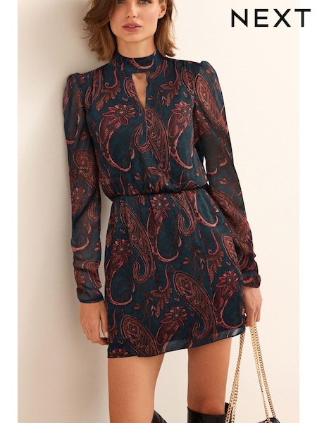 Зеленый с принтом пейсли - Cut-Out Chiffon Mini Dress (C35671) | €23