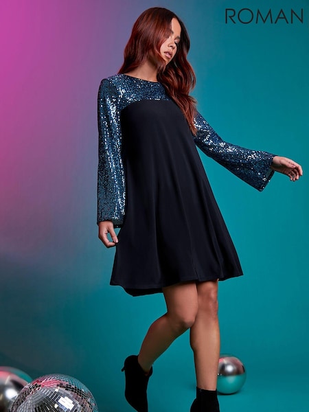 Roman Blue Petite Sequin Shift Stretch Dress (C35696) | €30