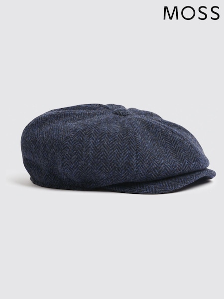 MOSS Blue Harris Tweed Herringbone Baker Boy Cap (C36079) | AZN 100