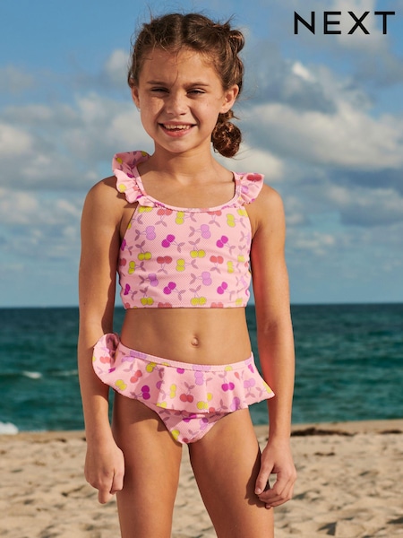 Fluro Pink Cherry Frill Sleeve Bikini (3-16yrs) (C36105) | €3 - €5