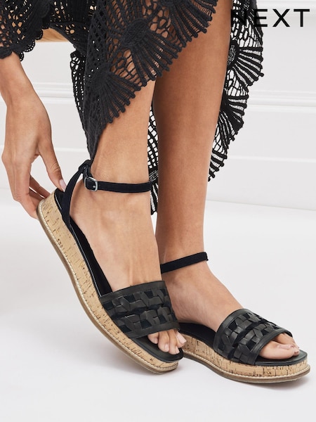 Noir - Forever Comfort® Leather Platform Sandals with Woven Detail (C36379) | € 8