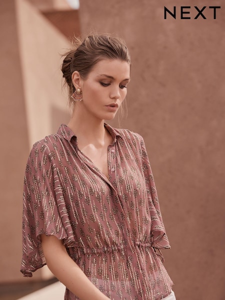 Пурпурный - Tie Waist Flutter Short Sleeve Sparkle Blouse (C36533) | €8
