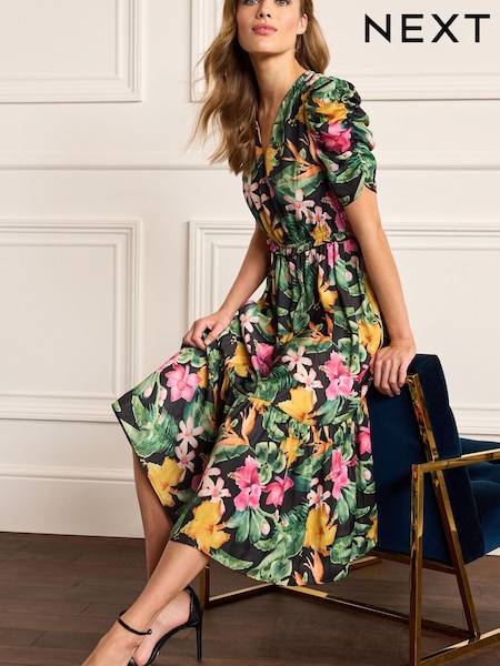Floral Ruched Sleeve Satin Midi Dress (C37085) | €21