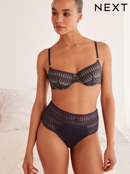 Navy Blue Non Pad Balcony Graphic Lace Non Pad Plunge Bra (C37095) | € 5