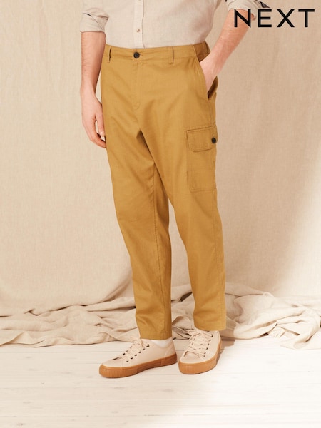 Tan Brown Linen Blend Cargo Trousers (C37225) | €6