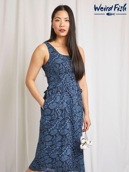 Weird Fish Blue Illaria Organic Printed Cheesecloth Midi Dress (C37347) | €34
