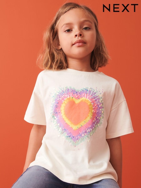 Bež/bela - Sequin Tie Dye Heart T-Shirt (3-16yrs) (C37542) | € 7 - € 11