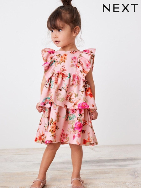 Pink Floral Tiered Ponte Occasion Dress (3mths-7yrs) (C37616) | € 18 - € 21