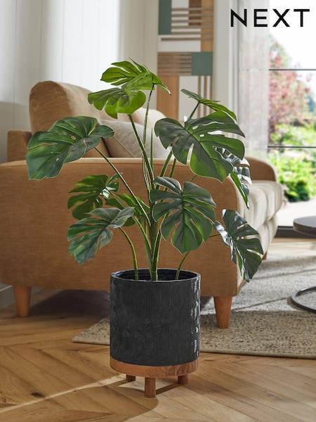Green Artificial Monstera Plant In Black Bronx Planter (C37679) | €124