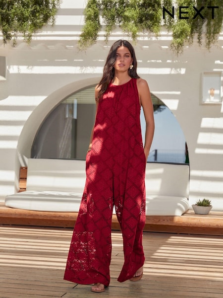 Roșu - Sleeveless Crochet Wide Leg Jumpsuit (C37821) | 151 LEI