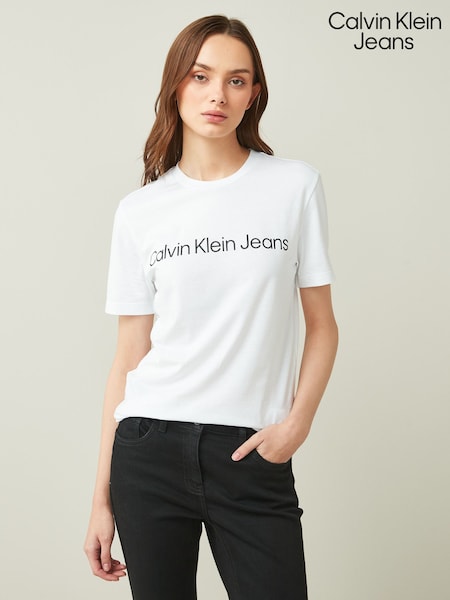 Alb - Tricou Calvin Klein Jeans Slim 100% Bumbac Institutional Negru Logo (C38124) | 182 LEI