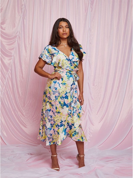Chi Chi London Blue V-Neck Floral Wrap Midi Dress (C38298) | €49
