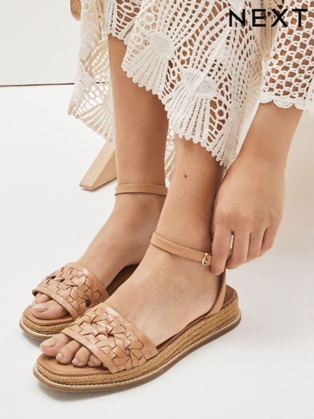 Tan Brown Regular/Wide Fit Forever Comfort® Leather Platform Sandals with Woven Detail (C38489) | €11