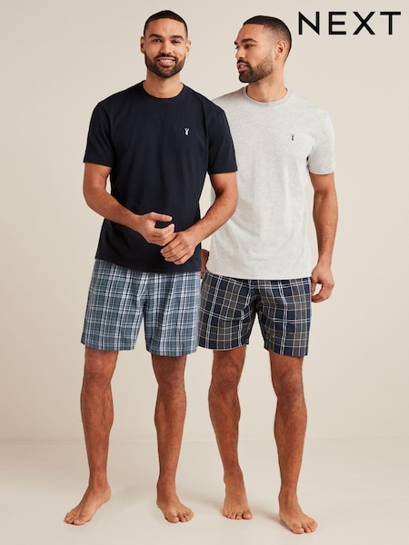 Navy Blue/Grey Check Lightweight Short Pyjama Sets 2 Pack (C38539) | €27