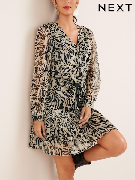 Neutral Animal-Print - Chiffon Tie Waist Mini Dress (C38606) | 32 €