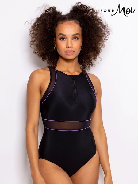 Pour Moi Black & Purple Energy Chlorine High Neck Zip Front Swimsuit (C38645) | €53