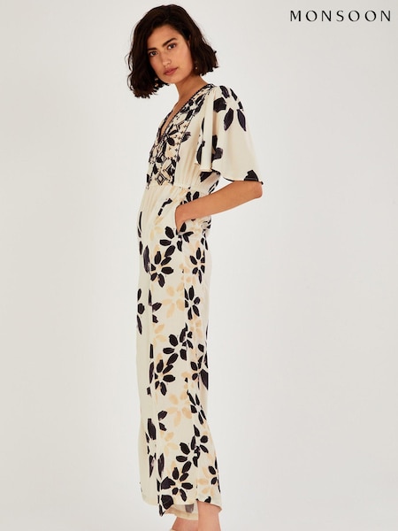 Monsoon Natural Abstract Floral Print Embroidered Jumpsuit (C38854) | €43