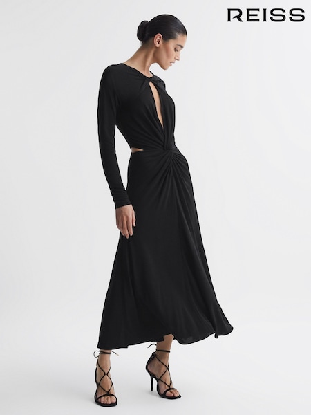 Reiss Black Faye Twist Cut-Out Midi Dress (C38957) | $447