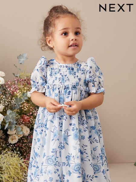 Blue Floral Shirred Organza Party Dress (3mths-8yrs) (C39416) | €7.50 - €8.50
