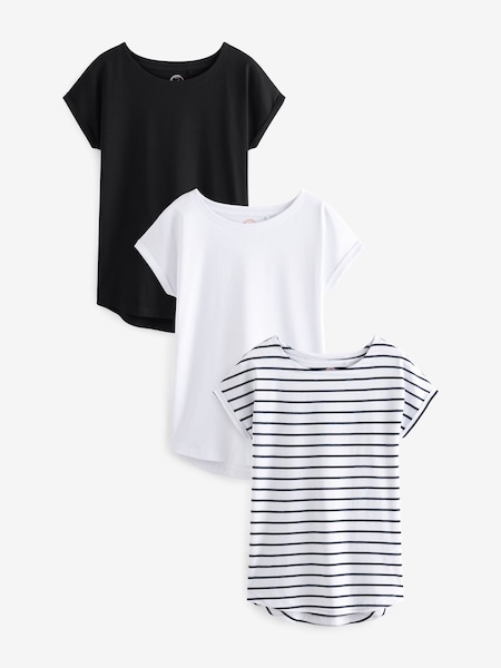 Black/White/Stripe Cap Sleeve 100% Cotton T-Shirts 3 Pack (C39960) | LEI 147