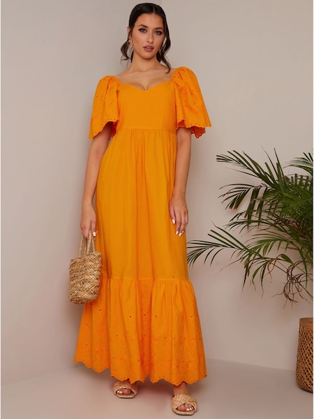 Portocaliu - Rochie maxi Din poplin cu mânecă brodată Chi Chi London (C40101) | 258 LEI