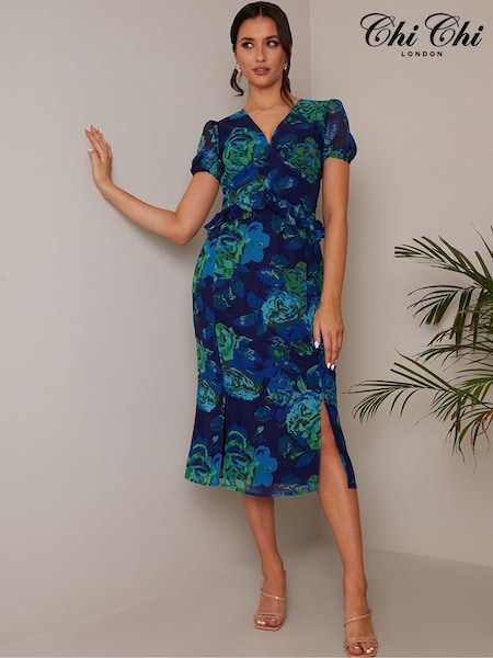 Chi Chi London Blue Petite Puff Sleeve Ruffle Detail Floral Midi Dress (C40135) | €27