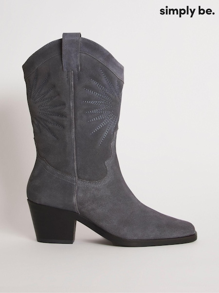 Simply Be Grey Suede Embroidered Western Calf Boots in Wide Fit Standard Calf (C40180) | €37