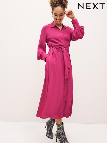 Розовый - Belted Midi Shirt Dress (C40359) | €26