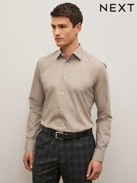 Neutral Brown Slim Fit Single Cuff Easy Care Single Cuff Shirt (C40518) | €4