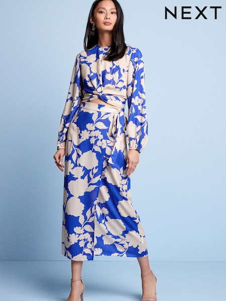 Blue Floral Knot Front Long Sleeve Satin Top (C41059) | €26