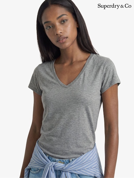 Plateado - Camiseta con cuello de pico y diseño bordado en tejido flameado de Superdry
