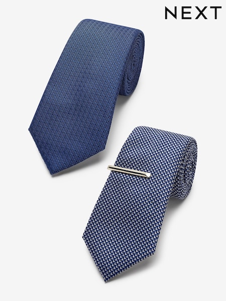Blue Textured Ties And Tie Clips 2 Pack (C42365) | €23